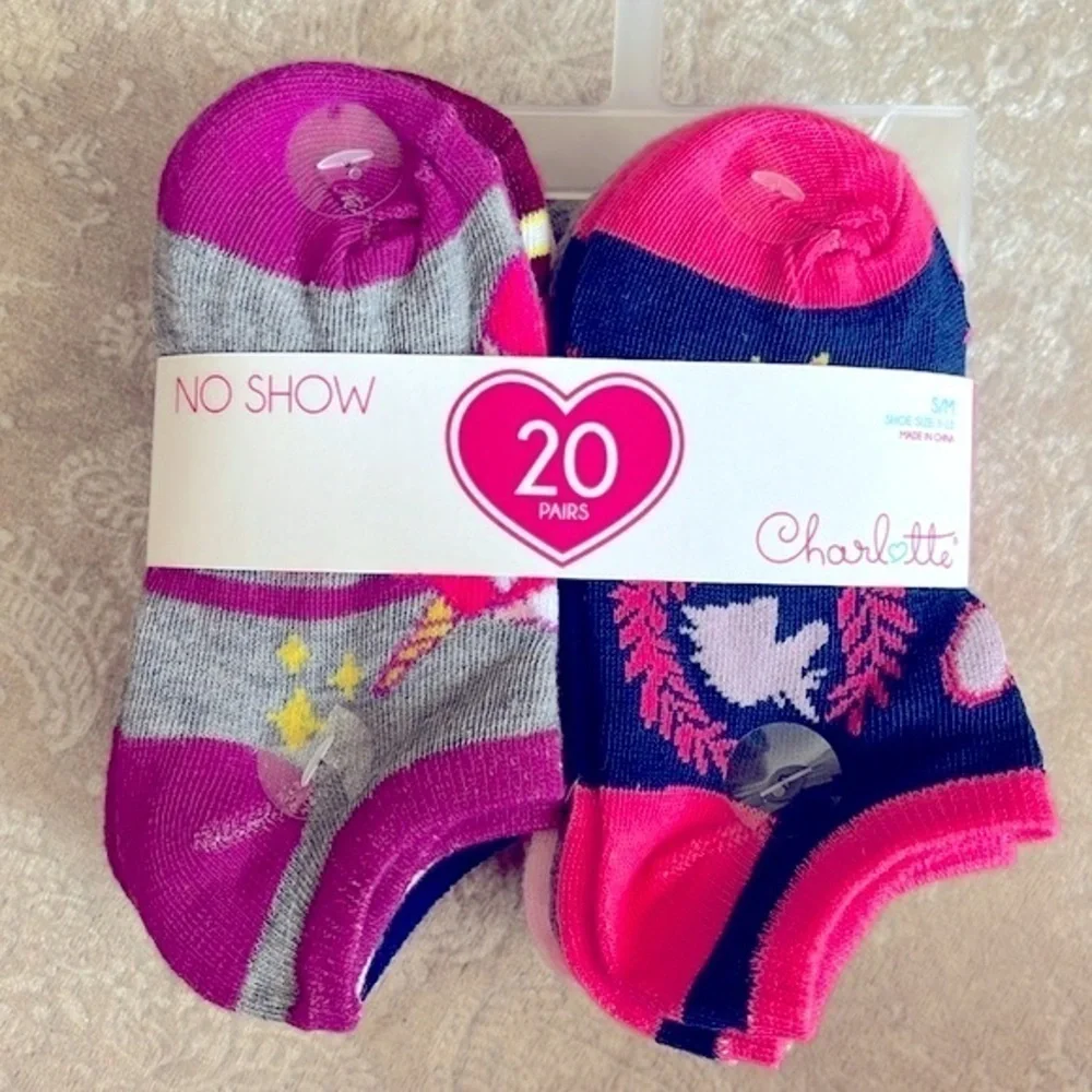 Brand New Charlotte 20-Pair Pack of Girls Socks No Show Ankle Colorful Unicorn